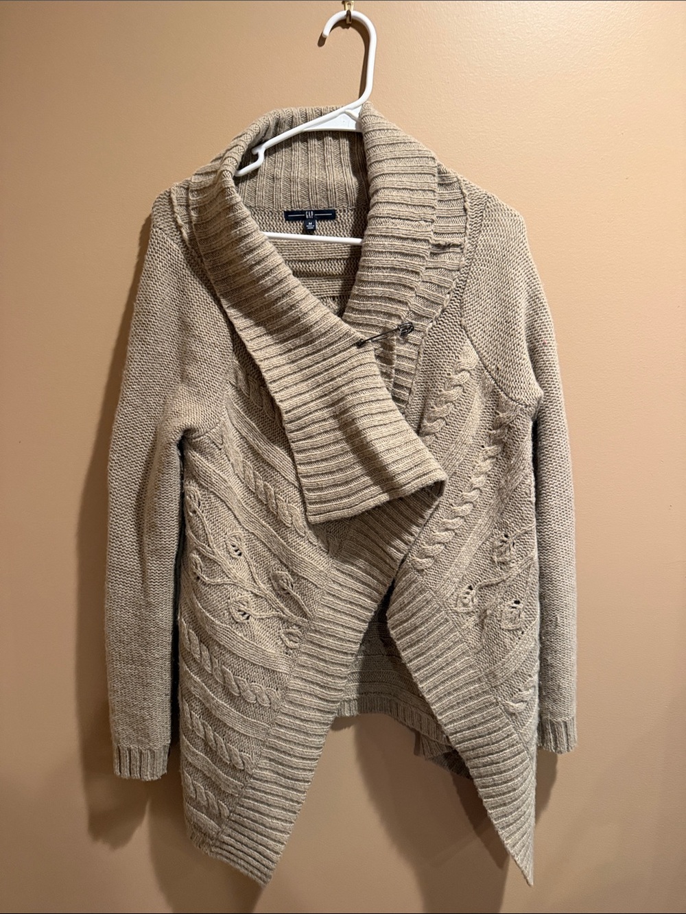 GAP Taupe Cable-Knit Shawl Collar Cardigan